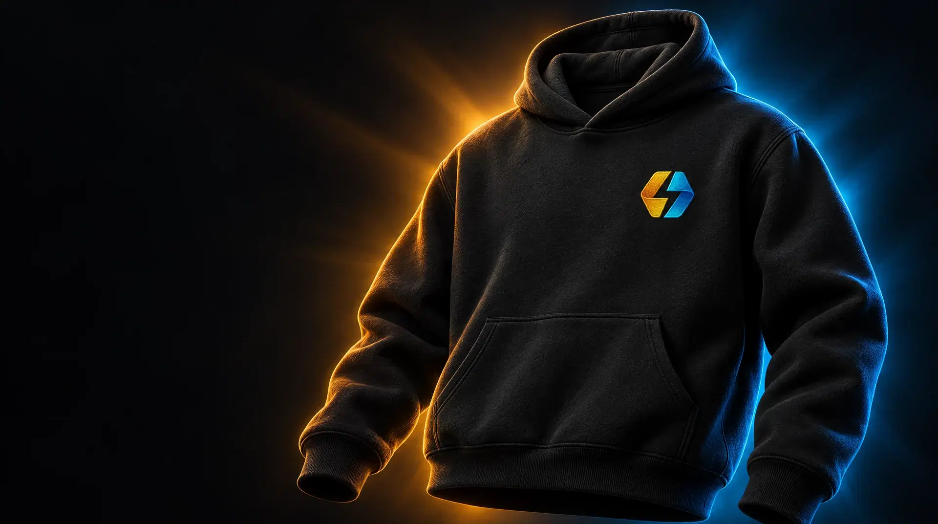 BridgeMind hoodie in black, three-quarter angle, lit amber on one side and blue on the other.