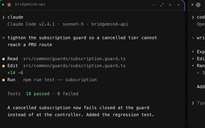 Code mode: Claude Code and Codex in split terminal panes beside a browser docked on localhost.